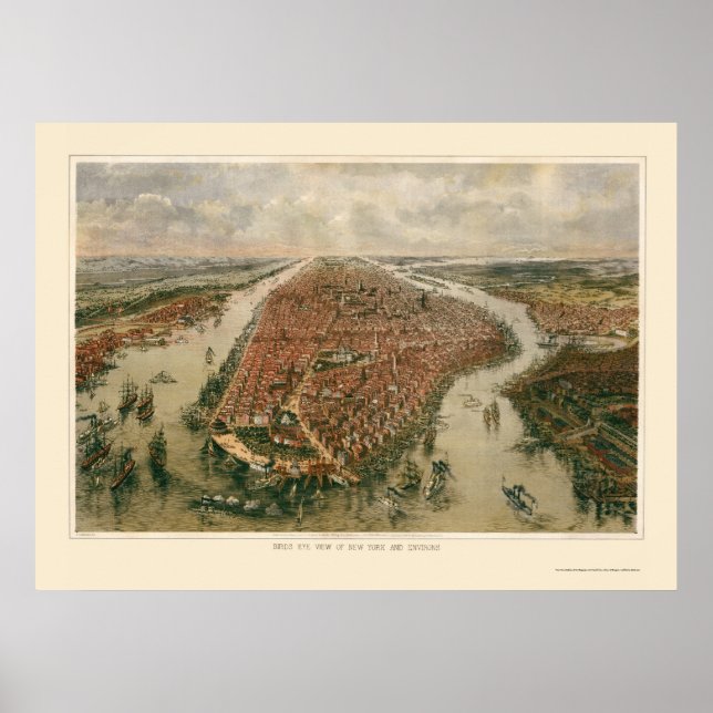 Póster Mapa Panorámico de Nueva York - 1865 (Frente)