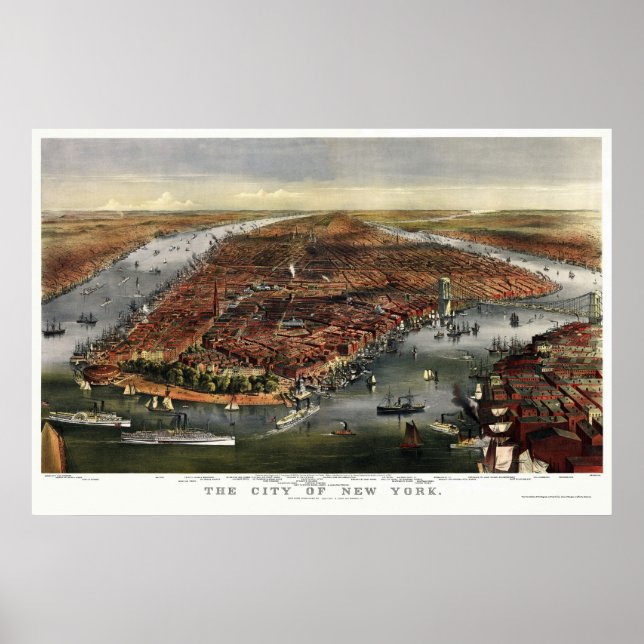 Póster Mapa Panorámico de Nueva York - 1870 (Frente)