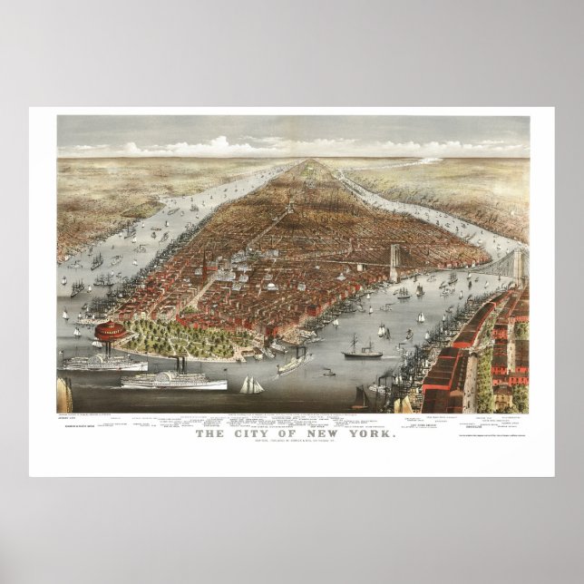 Póster Mapa Panorámico de Nueva York - 1876 (Frente)