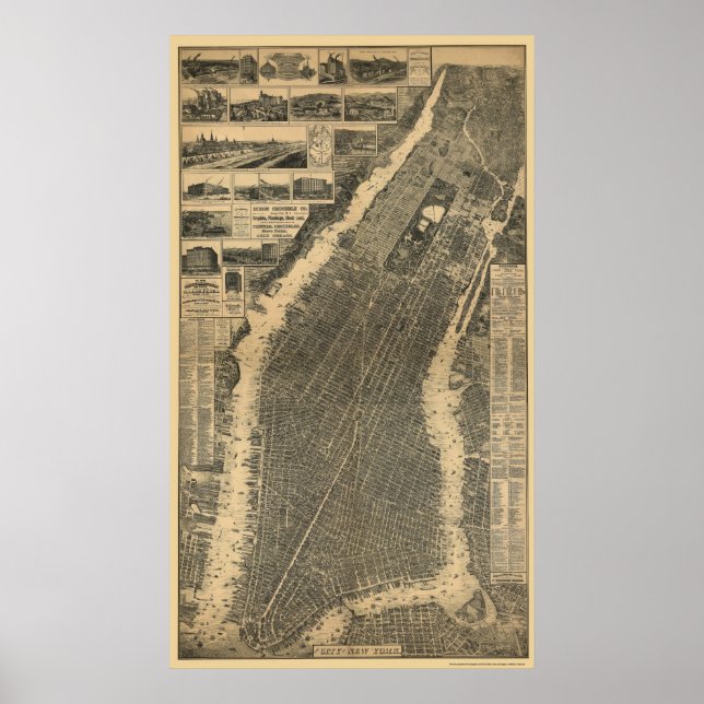 Póster Mapa Panorámico de Nueva York - 1879 (Frente)