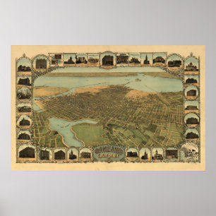 Póster Mapa Panorámico de Oakland California 1900