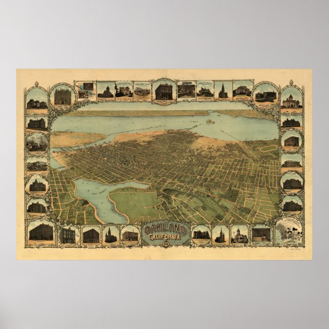 Póster Mapa Panorámico de Oakland California 1900 (Frente)