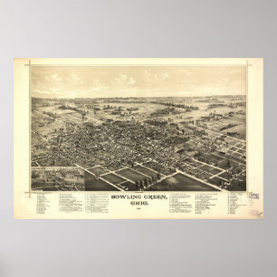 Póster Mapa Panorámico de Ohio Verde Bowling 1888