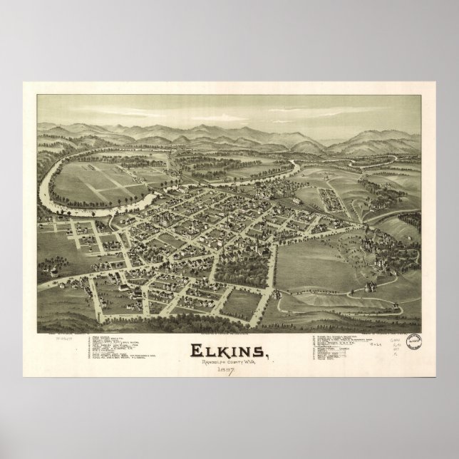 Póster Mapa panorámico de ojos de pájaro de 1897 Elkins (Frente)