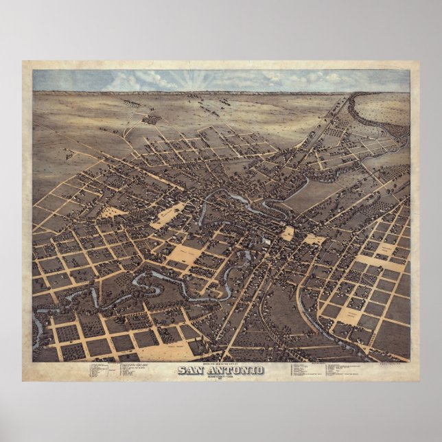 Póster Mapa panorámico de ojos de pájaro de San Antonio T (Frente)