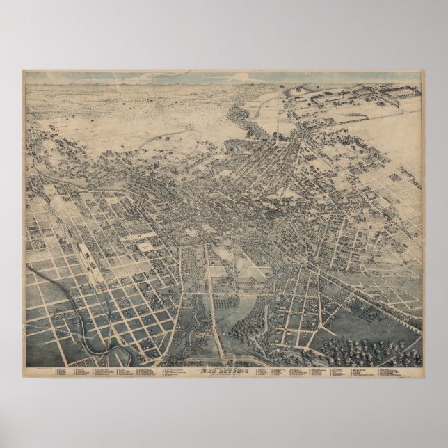 Póster Mapa panorámico de ojos de pájaro de San Antonio T (Frente)