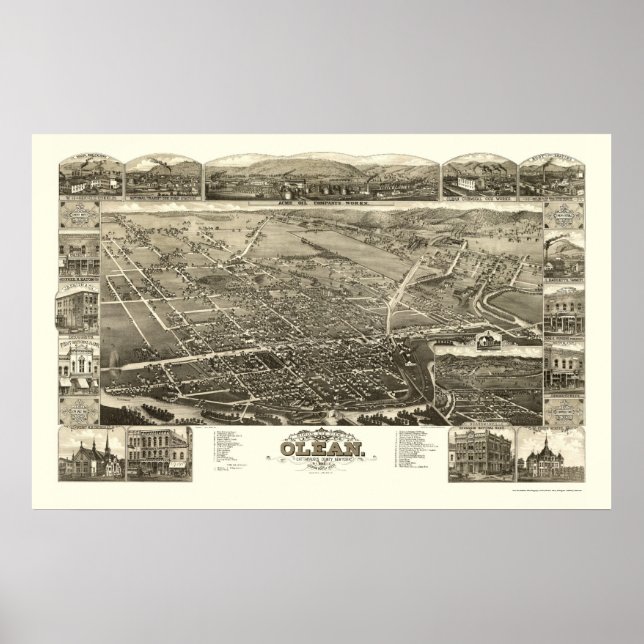 Póster Mapa Panorámico de Olean, NY - 1882 (Frente)