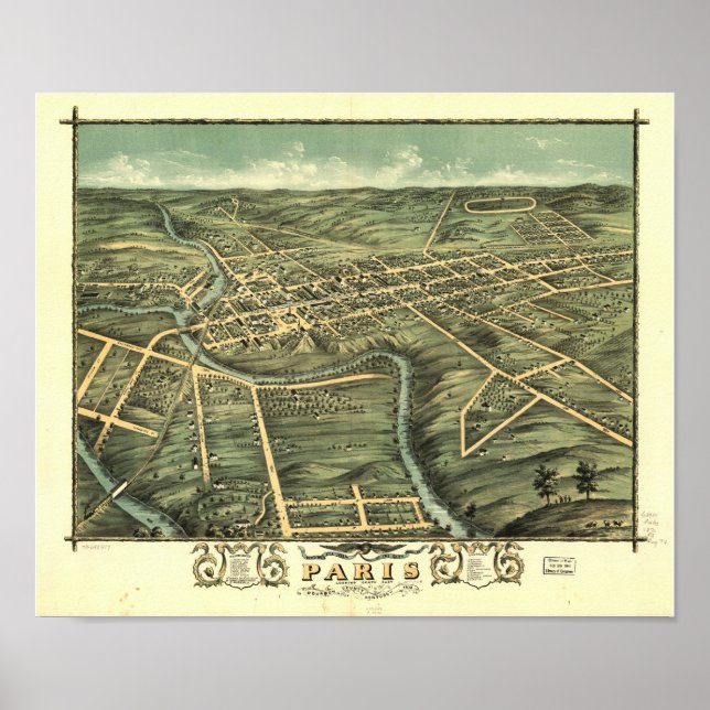 Póster Mapa Panorámico de Paris Kentucky 1870 (Frente)