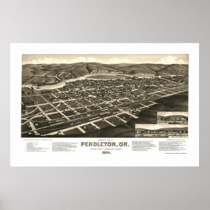 Póster Mapa Panorámico de Pendleton, OR 1884