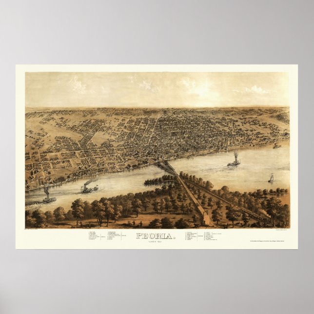 Póster Mapa Panorámico de Peoria, IL - 1867 (Frente)