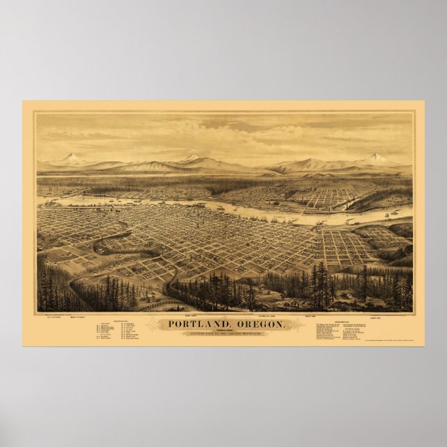 Póster Mapa panorámico de Portland, OR - 1879 (Frente)