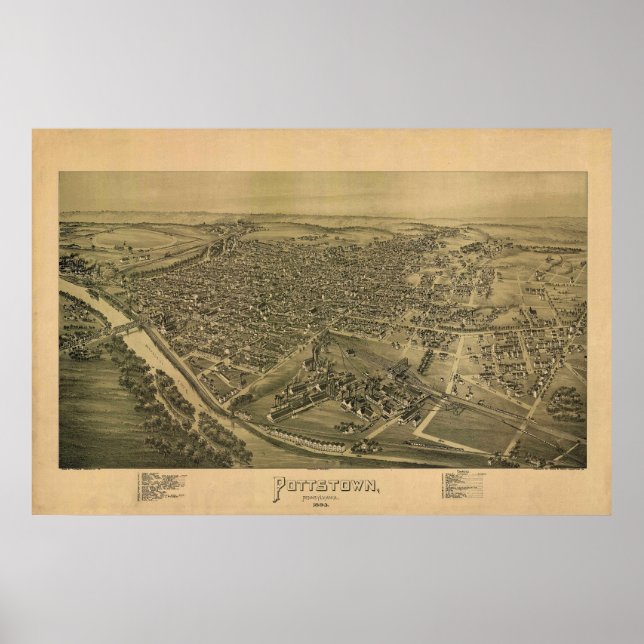 Póster Mapa panorámico de Pottstown PA Pennsylvania 1893 (Frente)