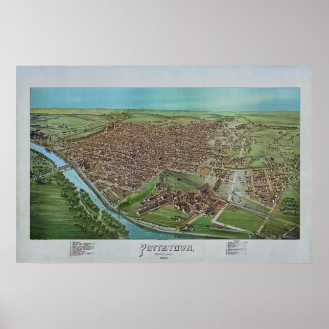Póster Mapa panorámico de Pottstown PA Pennsylvania 1893 (Frente)