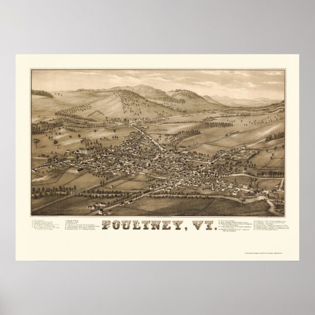 Póster Mapa Panorámico de Poultney, VT - 1886 (Frente)