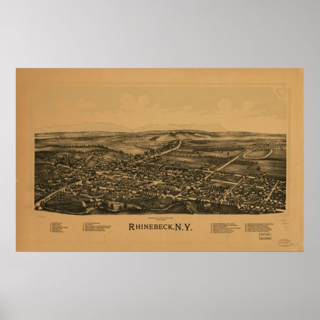 Póster Mapa Panorámico de Rhinebeck, NY Birds Eye View 18 (Frente)