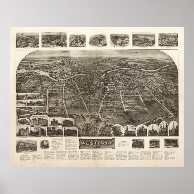 Póster Mapa panorámico de RI Birds Eye View de 1911 (Frente)