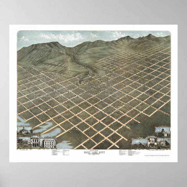 Póster Mapa panorámico de Salt Lake City, UT - 1870 (Frente)