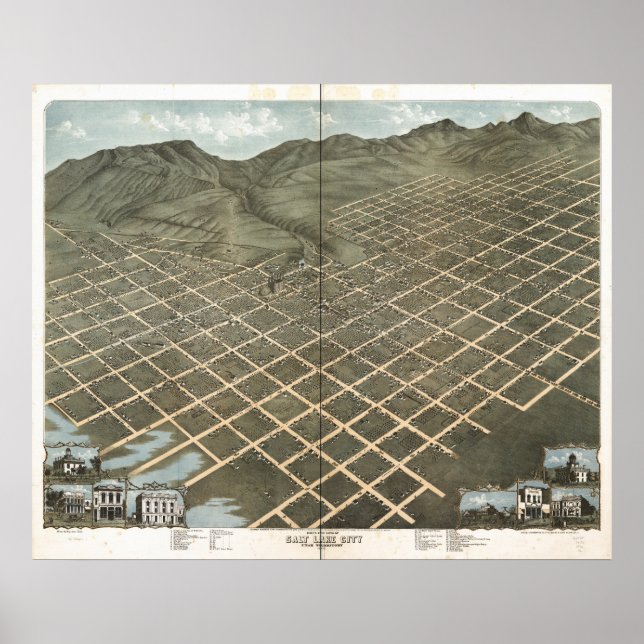 Póster Mapa Panorámico de Salt Lake City Utah 1870 (Frente)