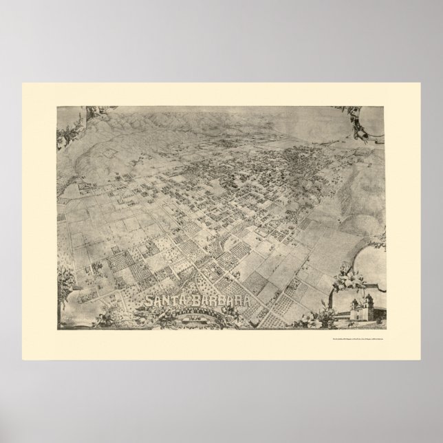 Póster Mapa Panorámico de Santa Barbara, CA - 1896 (Frente)