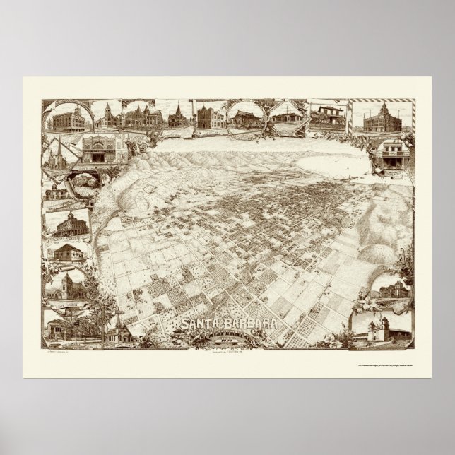 Póster Mapa Panorámico de Santa Barbara, CA - 1898 (Frente)