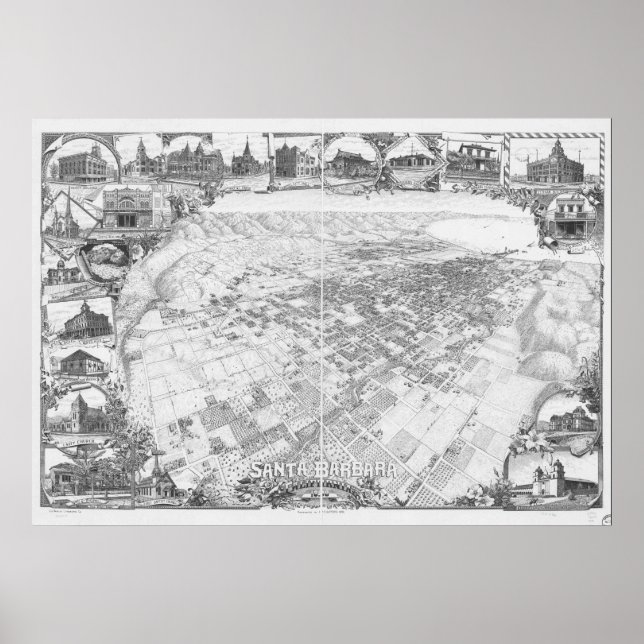 Póster Mapa Panorámico de Santa Barbara California 1898 (Frente)