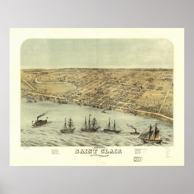 Póster Mapa Panorámico de Santa Clara Michigan 1868 (Frente)