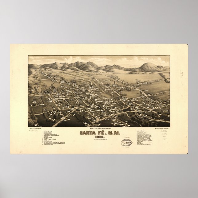 Póster Mapa Panorámico de Santa Fe Nuevo México 1882 (Frente)