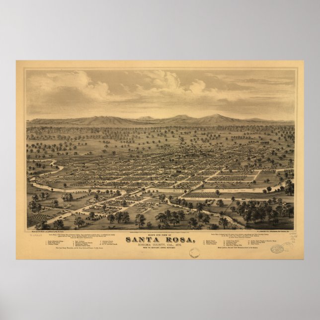 Póster Mapa Panorámico de Santa Rosa California 1876 (Frente)