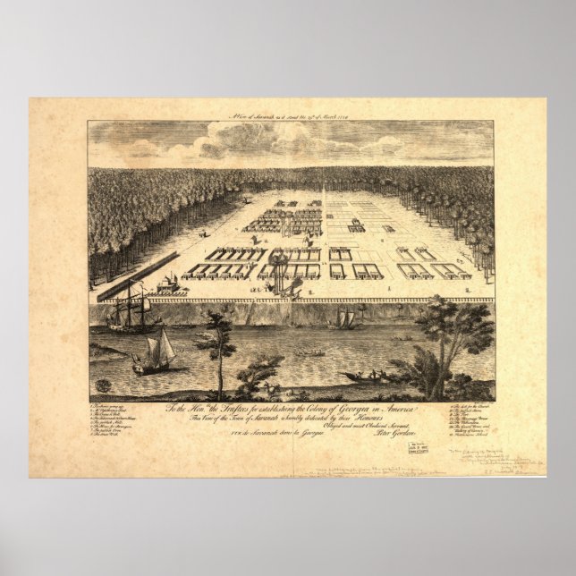 Póster Mapa panorámico de Savannah Georgia 1734 (Frente)