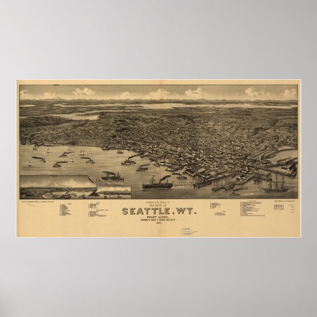 Póster Mapa Panorámico de Seattle, WA Birds Eye View 1884 (Frente)