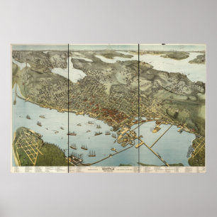 Póster Mapa Panorámico de Seattle, WA Birds Eye View 1891