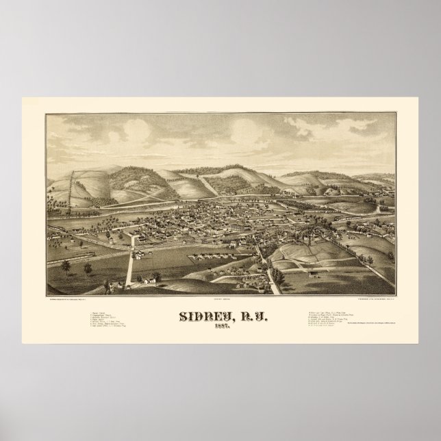 Póster Mapa panorámico de Sidney, NY - 1887 (Frente)