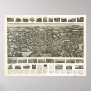 Póster Mapa Panorámico de Southington Connecticut 1914