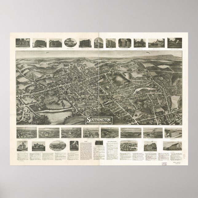 Póster Mapa Panorámico de Southington Connecticut 1914 (Frente)