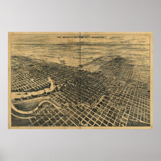 Póster Mapa Panorámico de Stockton California 1895 (Frente)