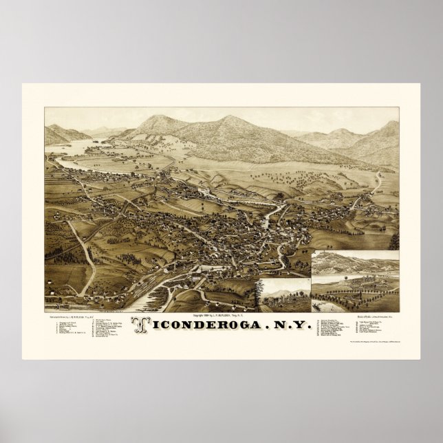 Póster Mapa Panorámico de Ticonderoga, NY - 1884 (Frente)
