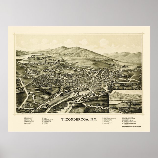 Póster Mapa Panorámico de Ticonderoga, NY - 1891 (Frente)