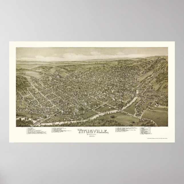 Póster Mapa panorámico de Titusville, PA - 1895 (Frente)