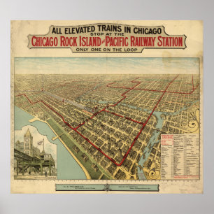 Póster Mapa Panorámico de Trenes Elevados de Chicago 1897