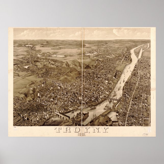 Póster Mapa Panorámico de Troya 1881, NY Birds View (Frente)