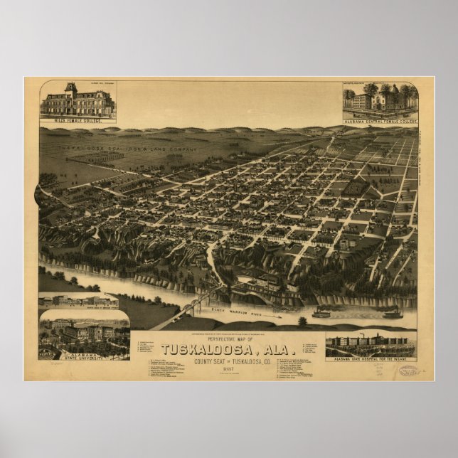 Póster Mapa panorámico de Tuscaloosa Alabama 1887 (Frente)
