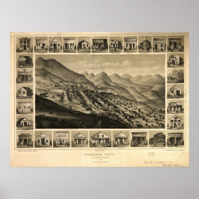 Póster Mapa panorámico de visión de aves de Virginia City (Frente)