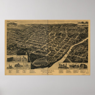 Póster Mapa panorámico de vista de aves de 1887 Macon, GA
