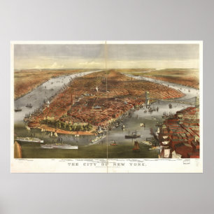 Póster Mapa panorámico de vista de ojos de NY City 1870 e