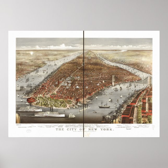 Póster Mapa Panorámico de Vista de Ojos de NY City 1876 (Frente)