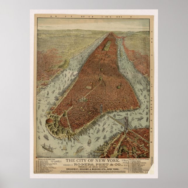 Póster Mapa Panorámico de Vista de Ojos de NY City 1879 (Frente)