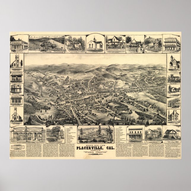 Póster Mapa Panorámico de Vista de Ojos de Placerville CA (Frente)