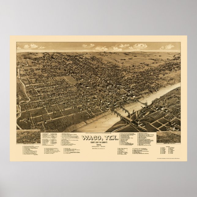 Póster Mapa panorámico de Waco, TX - 1886 (Frente)