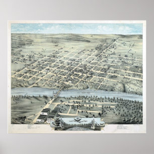 Póster Mapa panorámico de Waco, TX Birds View 1873
