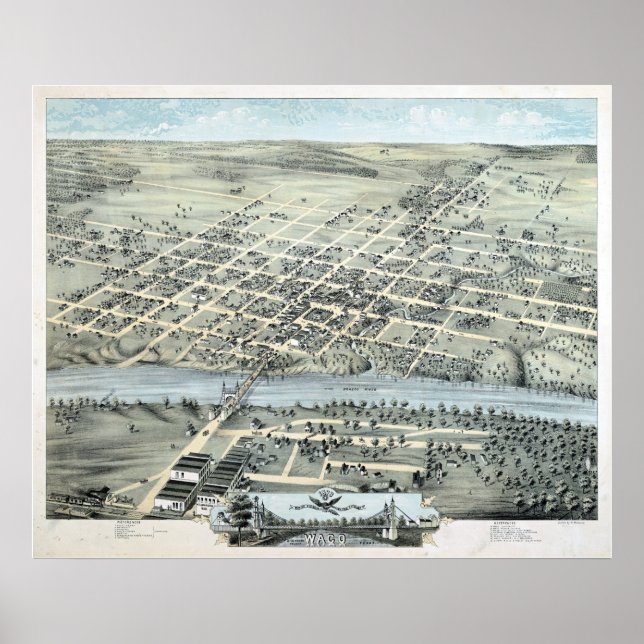 Póster Mapa panorámico de Waco, TX Birds View 1873 (Frente)